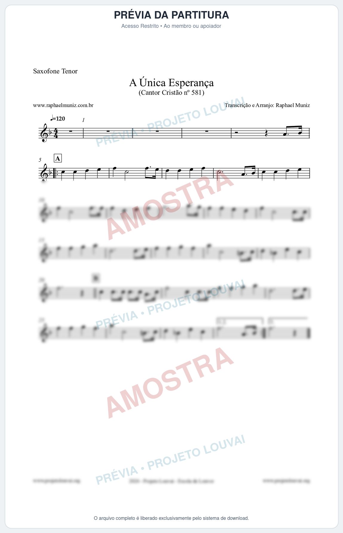 Prévia protegida da primeira página da partitura Partitura para Saxofone Tenor - A Única Esperança - Cantor Cristão 581 - Clássicos do Gospel