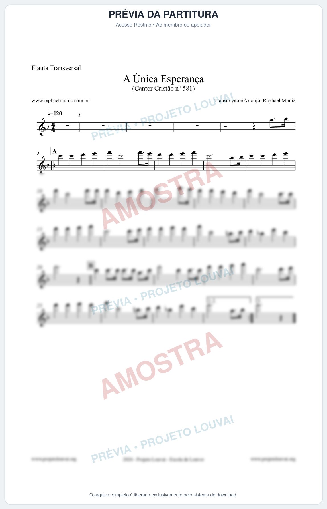 Prévia protegida da primeira página da partitura Partitura para Flauta Transversal - A Única Esperança - Cantor Cristão 581 - Clássicos do Gospel