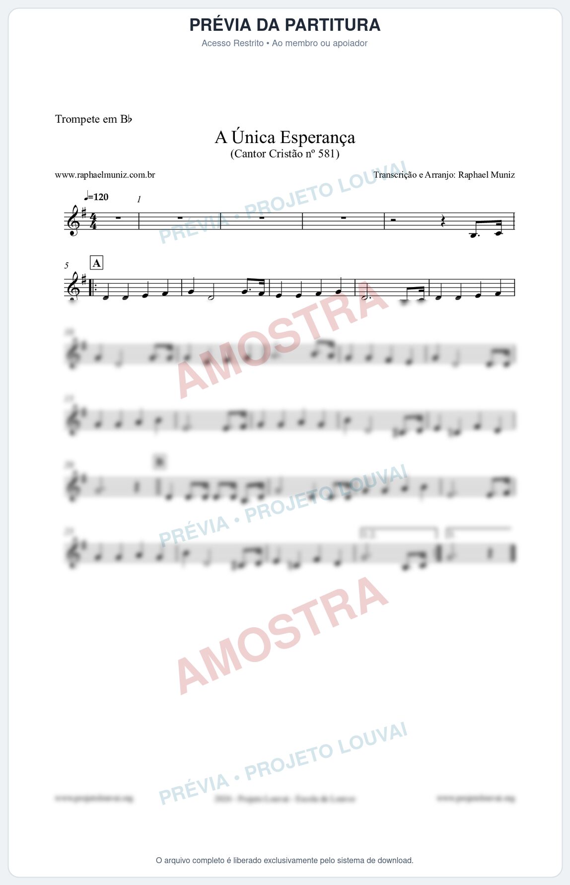 Prévia protegida da primeira página da partitura Partitura para Trompete em Bb - A Única Esperança - Cantor Cristão 581 - Clássicos do Gospel