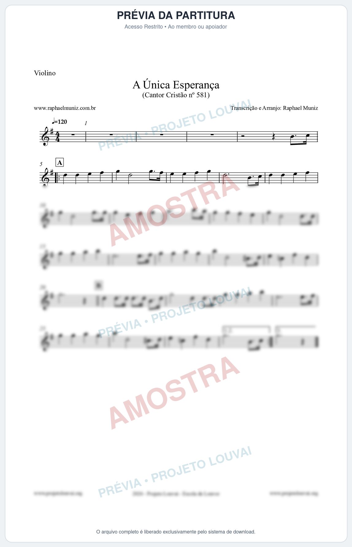 Prévia protegida da primeira página da partitura Partitura para Violino - A Única Esperança - Cantor Cristão 581 - Clássicos do Gospel