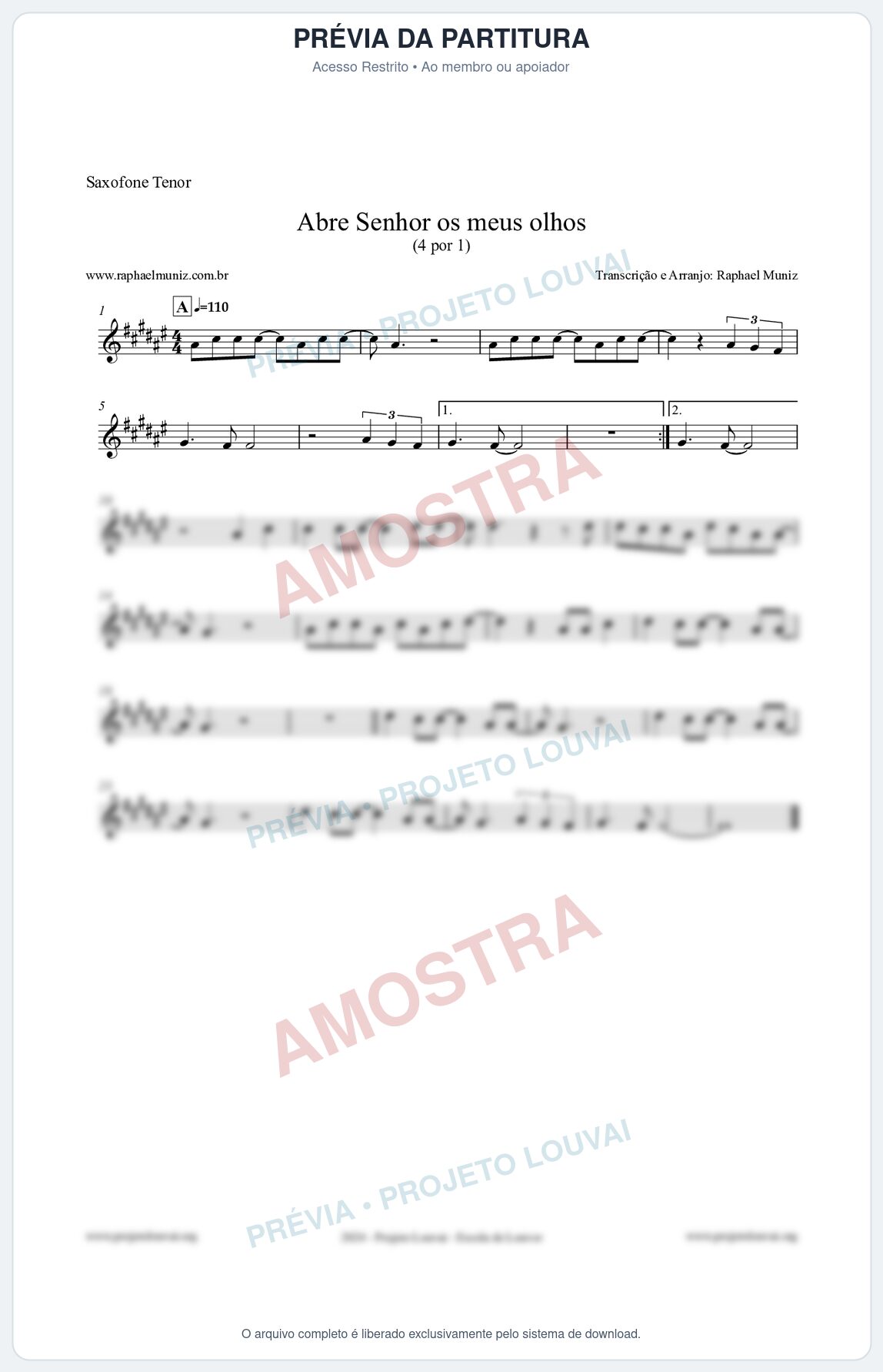Prévia protegida da primeira página da partitura Partitura para Saxofone Tenor - Abre Senhor os meus olhos - Quatro por Um