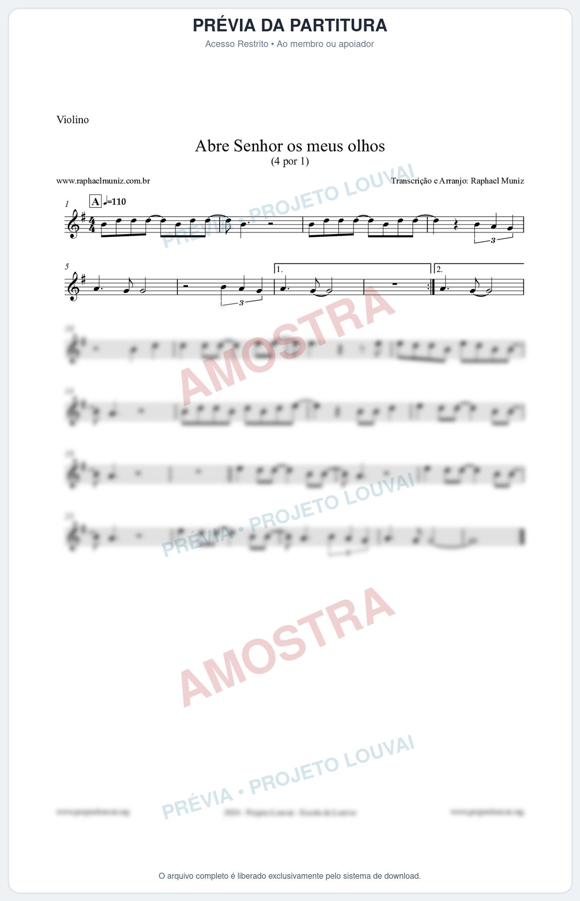 Prévia protegida da primeira página da partitura Partitura para Violino - Abre Senhor os meus olhos - Quatro por Um