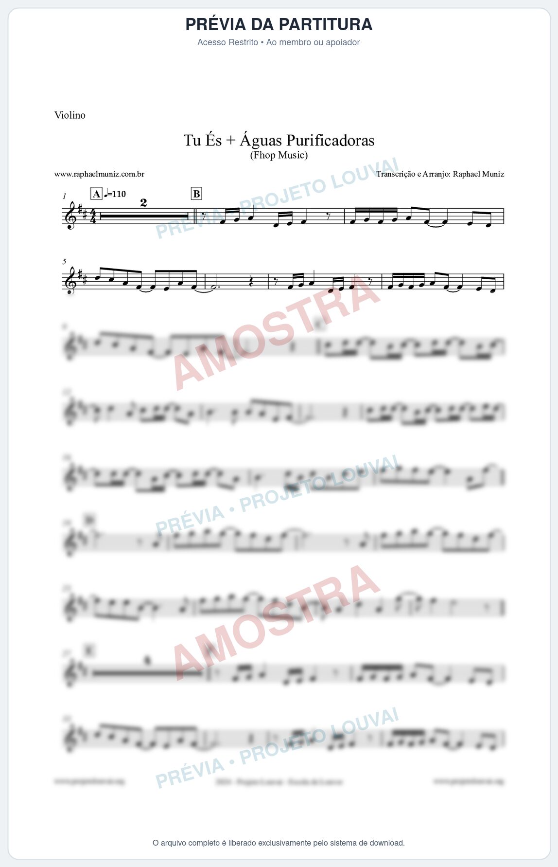 Prévia protegida da primeira página da partitura Partitura para Violino - Tu És + Águas Purificadoras - Fhop Music