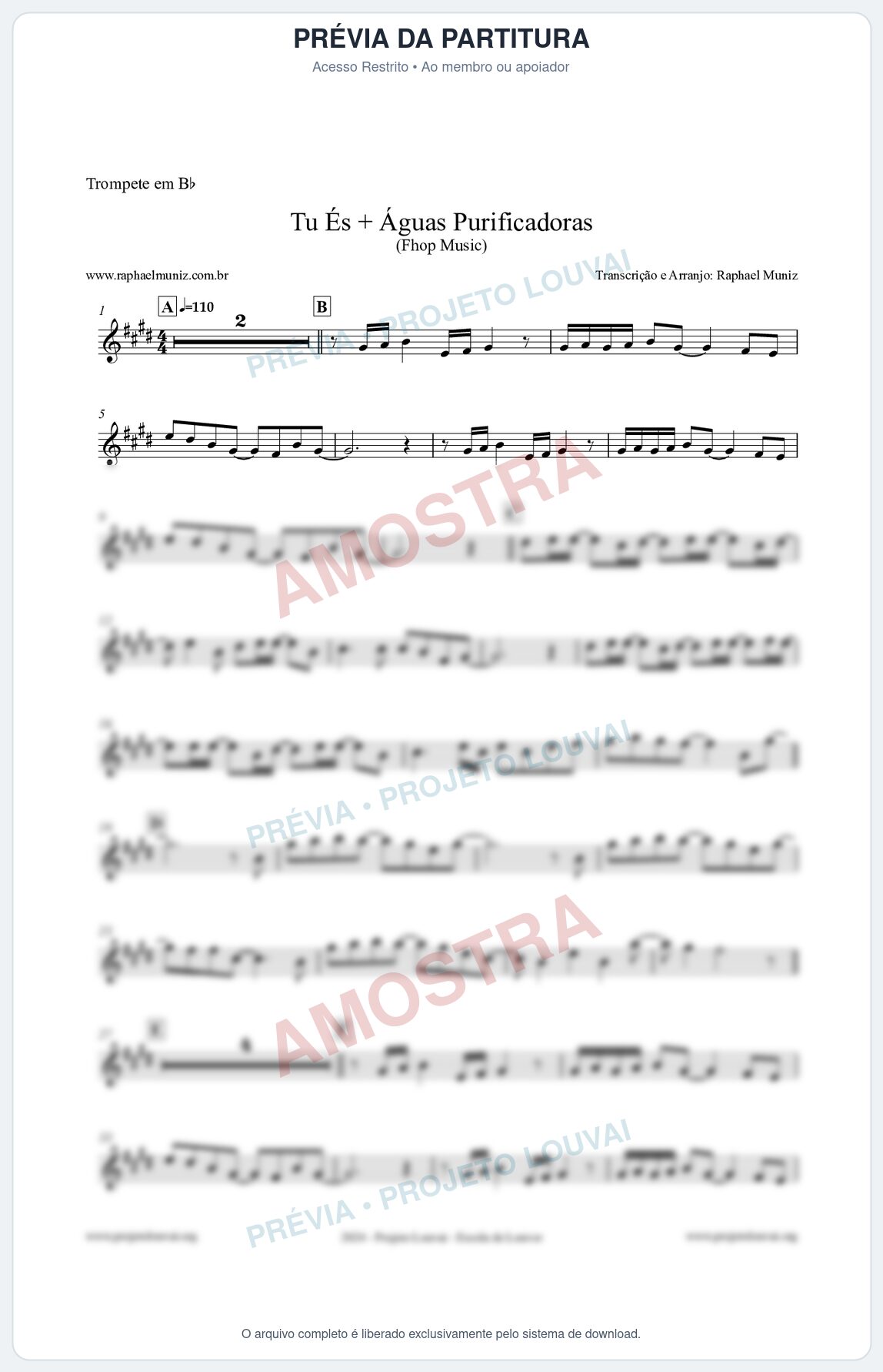 Prévia protegida da primeira página da partitura Partitura para Trompete em Bb - Tu És + Águas Purificadoras - Fhop Music