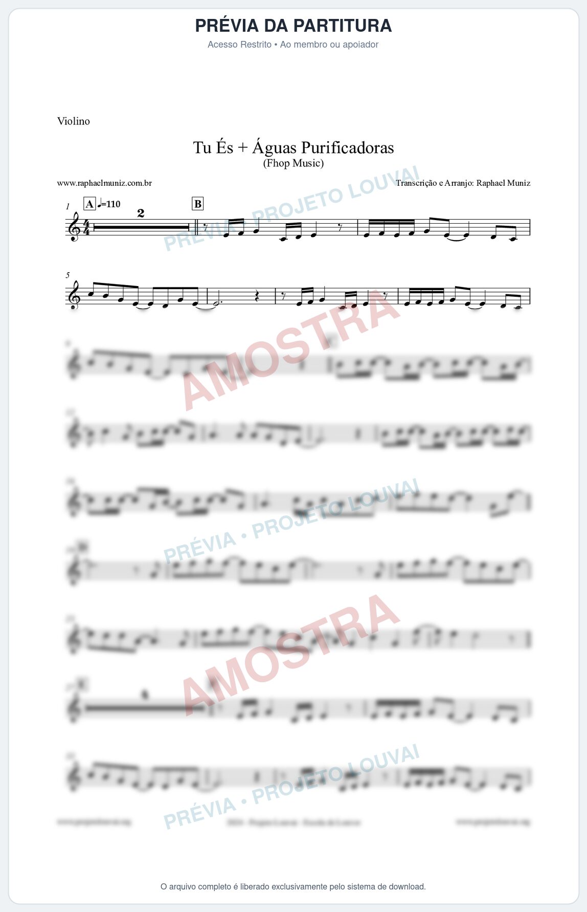 Prévia protegida da primeira página da partitura Partitura para Violino - Tu És + Águas Purificadoras - Fhop Music