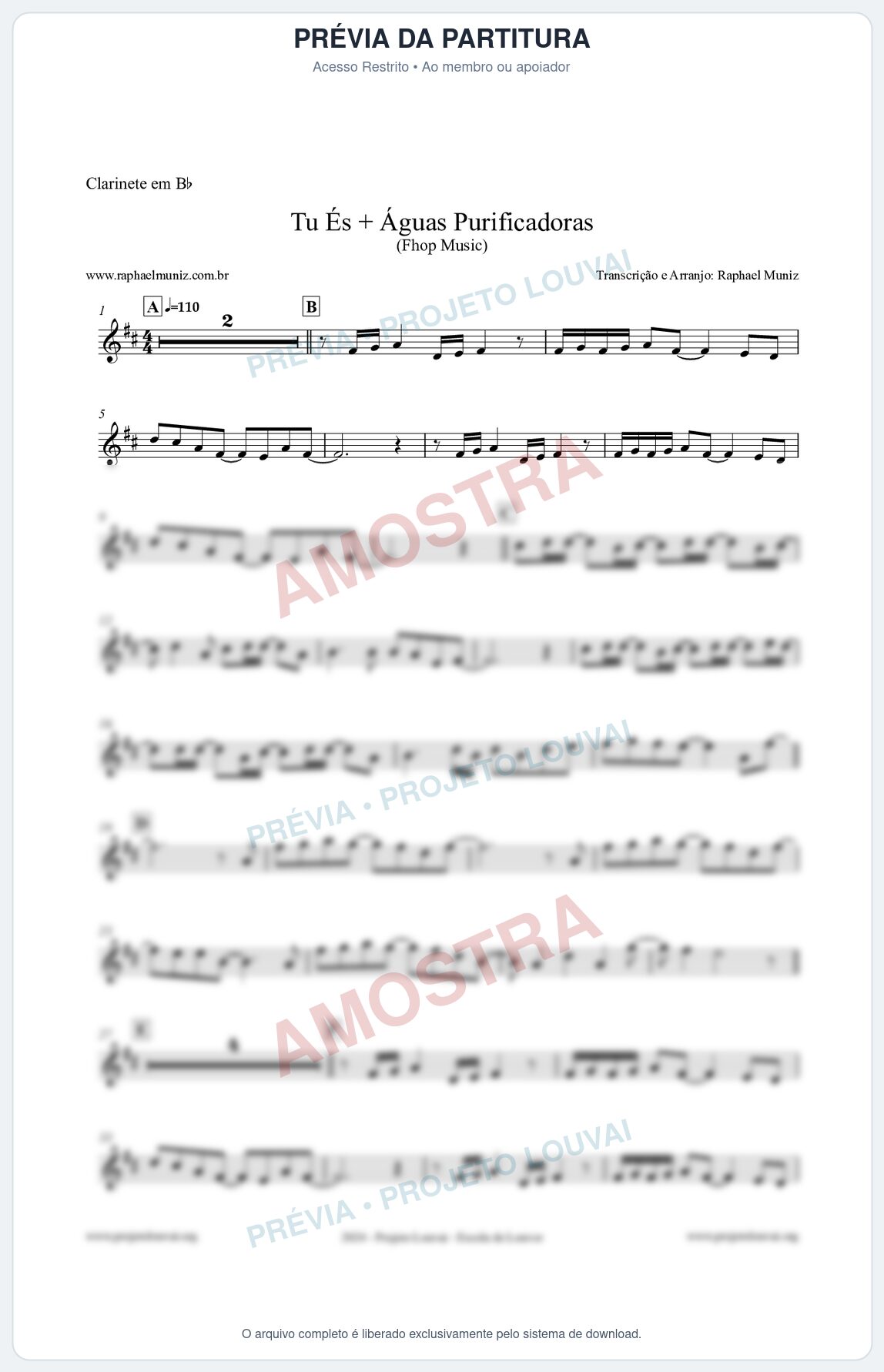 Prévia protegida da primeira página da partitura Partitura para Clarinete em Bb - Tu És + Águas Purificadoras - Fhop Music