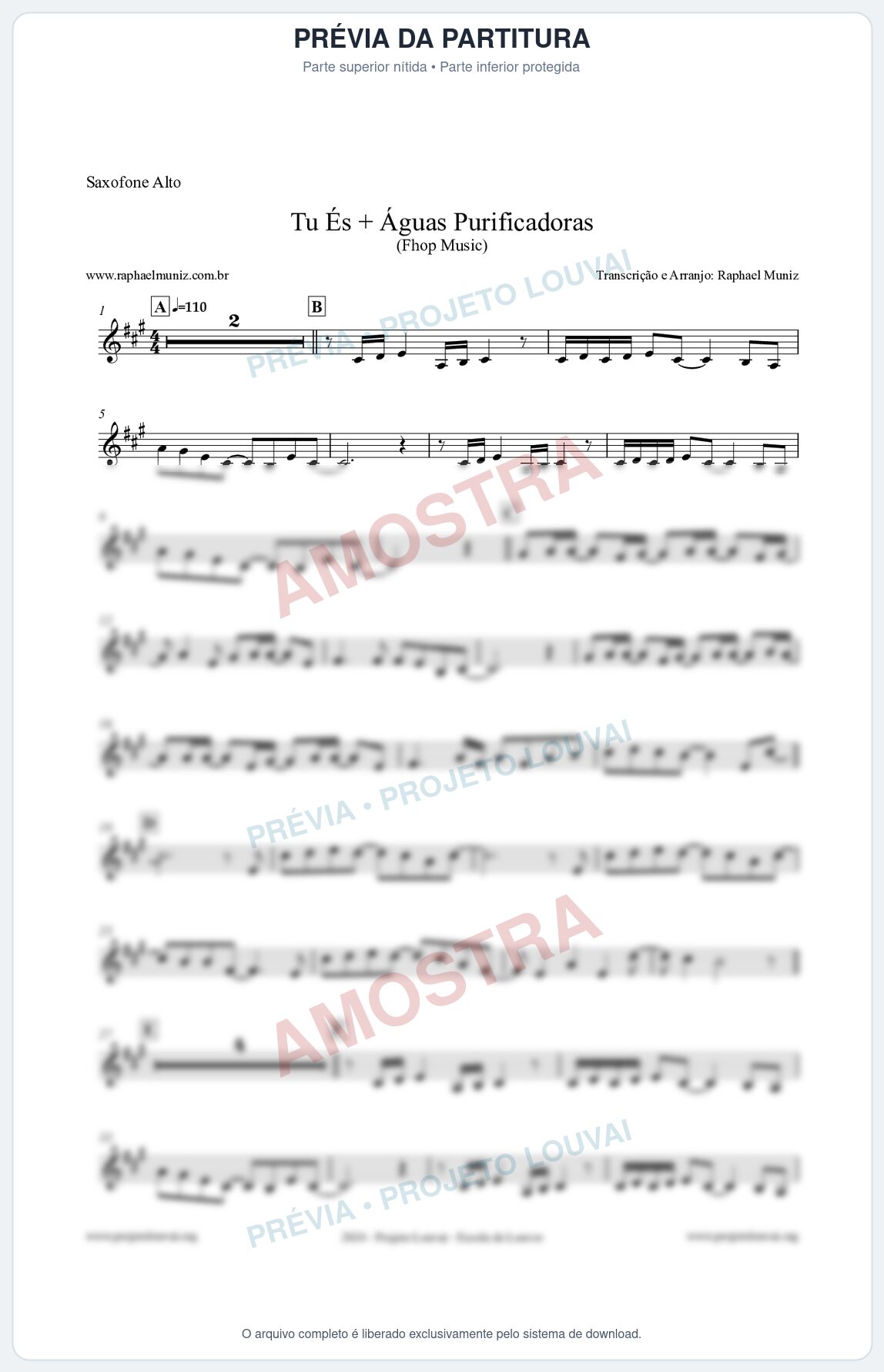Prévia protegida da primeira página da partitura Partitura para Saxofone Alto - Tu És + Águas Purificadoras - Fhop Music