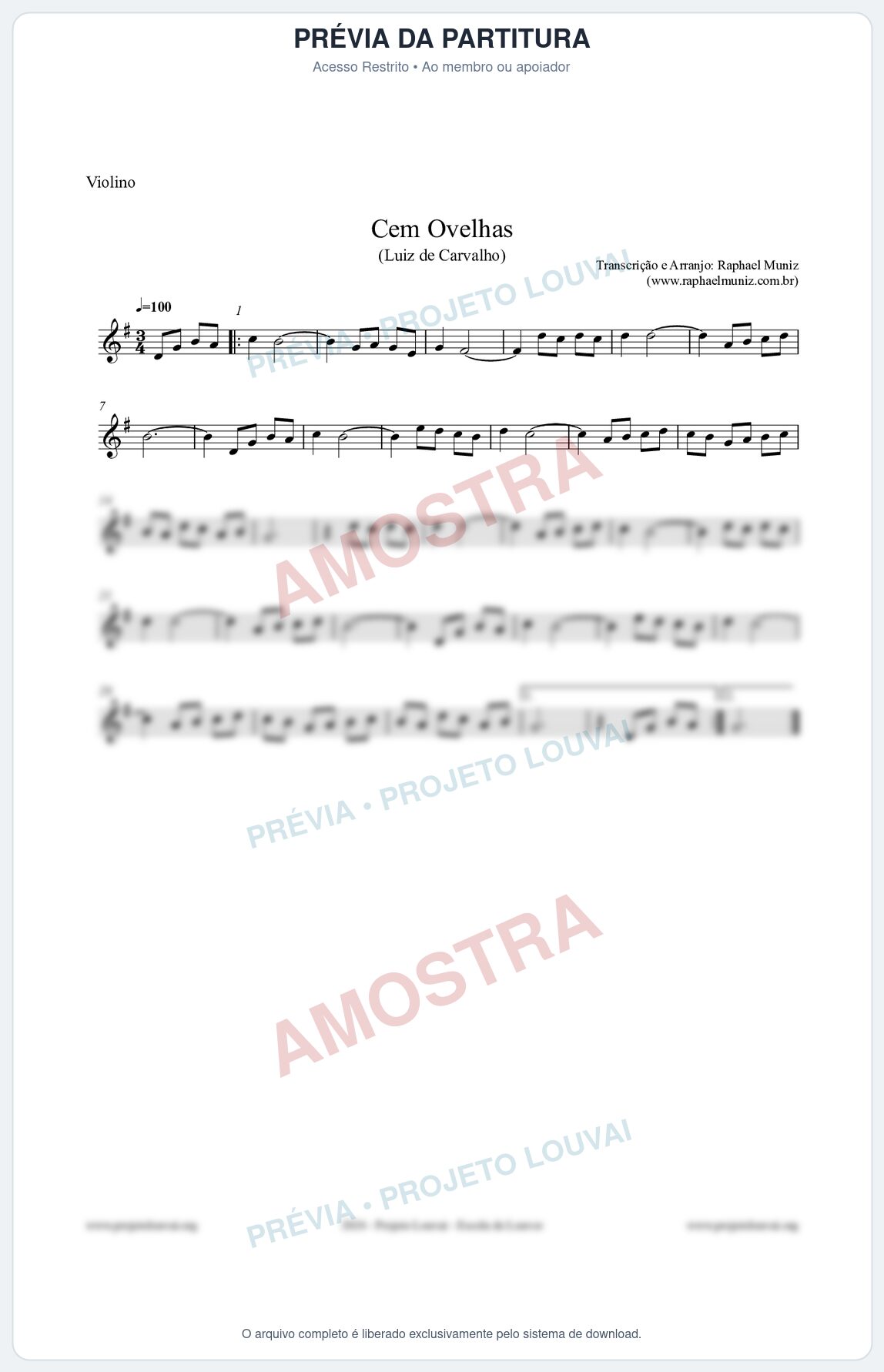 Prévia protegida da primeira página da partitura Partitura para Violino - Cem Ovelhas - Luiz de Carvalho