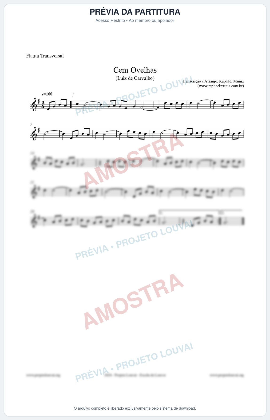 Prévia protegida da primeira página da partitura Partitura para Flauta Transversal - Cem Ovelhas - Luiz de Carvalho