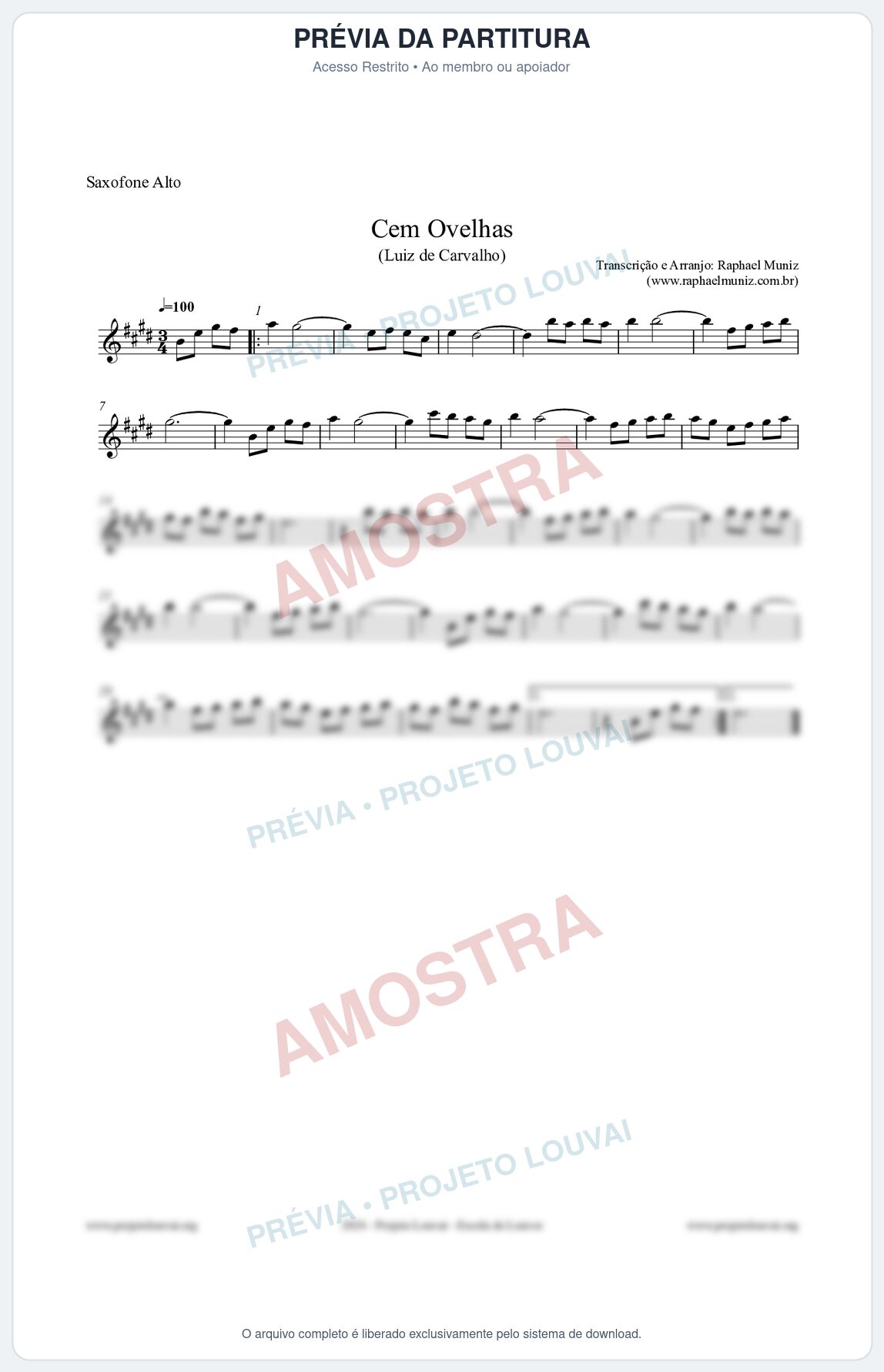 Prévia protegida da primeira página da partitura Partitura para Saxofone Alto - Cem Ovelhas - Luiz de Carvalho