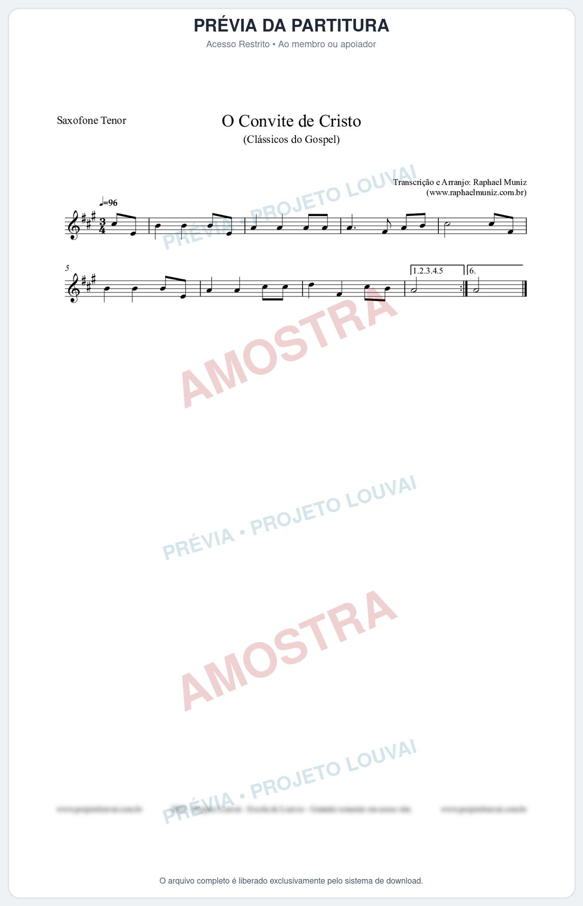 Prévia protegida da primeira página da partitura Partitura para Saxofone Tenor - O Convite de Cristo - Harpa Cristã nº19 - Clássicos do Gospel