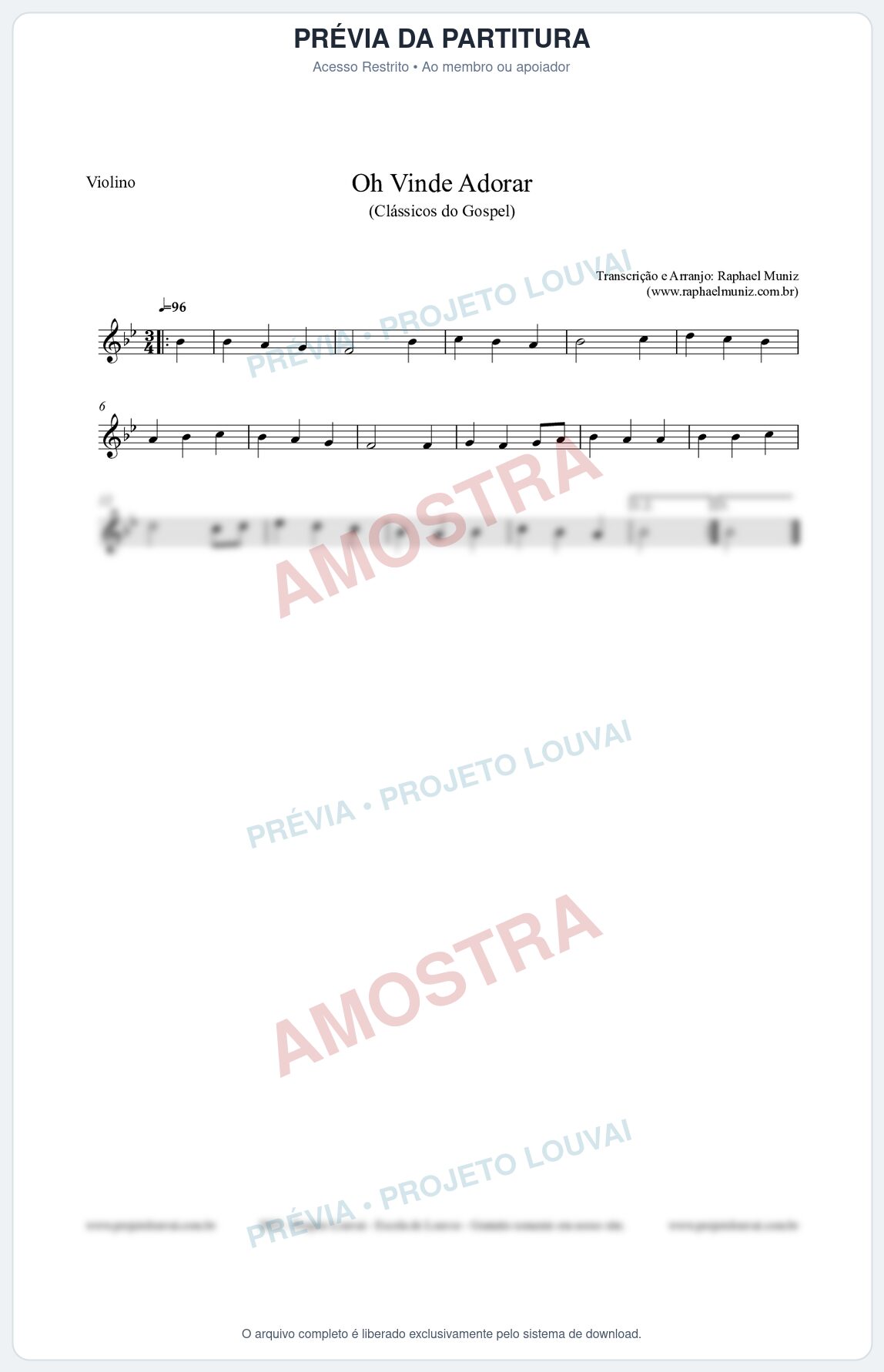 Prévia protegida da primeira página da partitura Partitura para Violino - Oh Vinde Adorar - HCC nº1 - Clássicos do Gospel