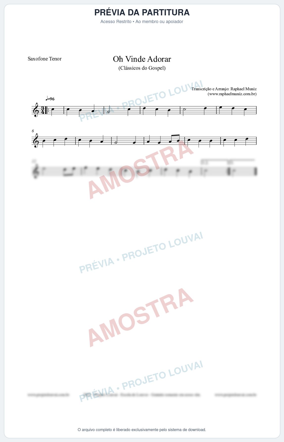 Prévia protegida da primeira página da partitura Partitura para Saxofone Tenor - Oh Vinde Adorar - HCC nº1 - Clássicos do Gospel