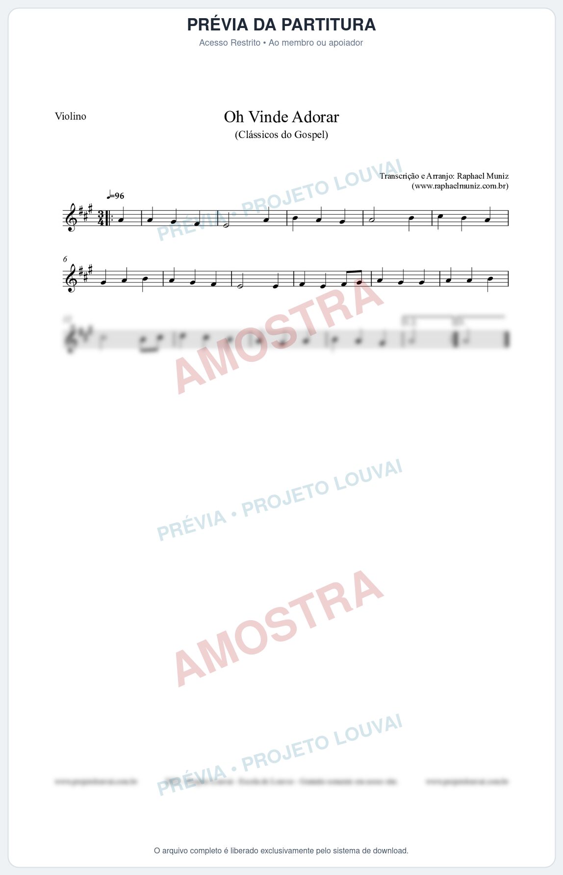 Prévia protegida da primeira página da partitura Partitura para Violino - Oh Vinde Adorar - HCC nº1 - Clássicos do Gospel