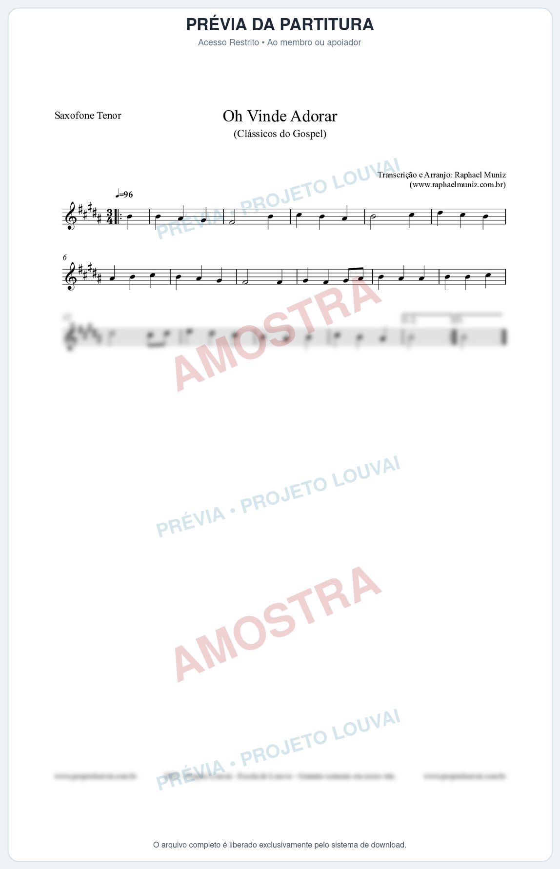 Prévia protegida da primeira página da partitura Partitura para Saxofone Tenor - Oh Vinde Adorar - HCC nº1 - Clássicos do Gospel