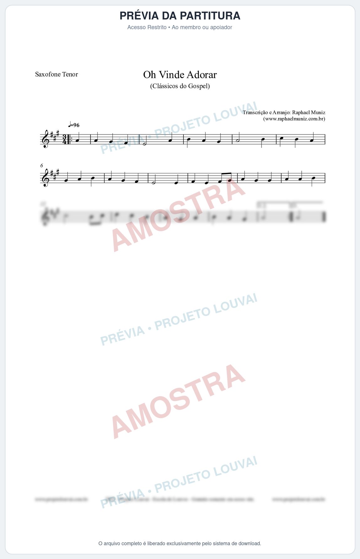 Prévia protegida da primeira página da partitura Partitura para Saxofone Tenor - Oh Vinde Adorar - HCC nº1 - Clássicos do Gospel
