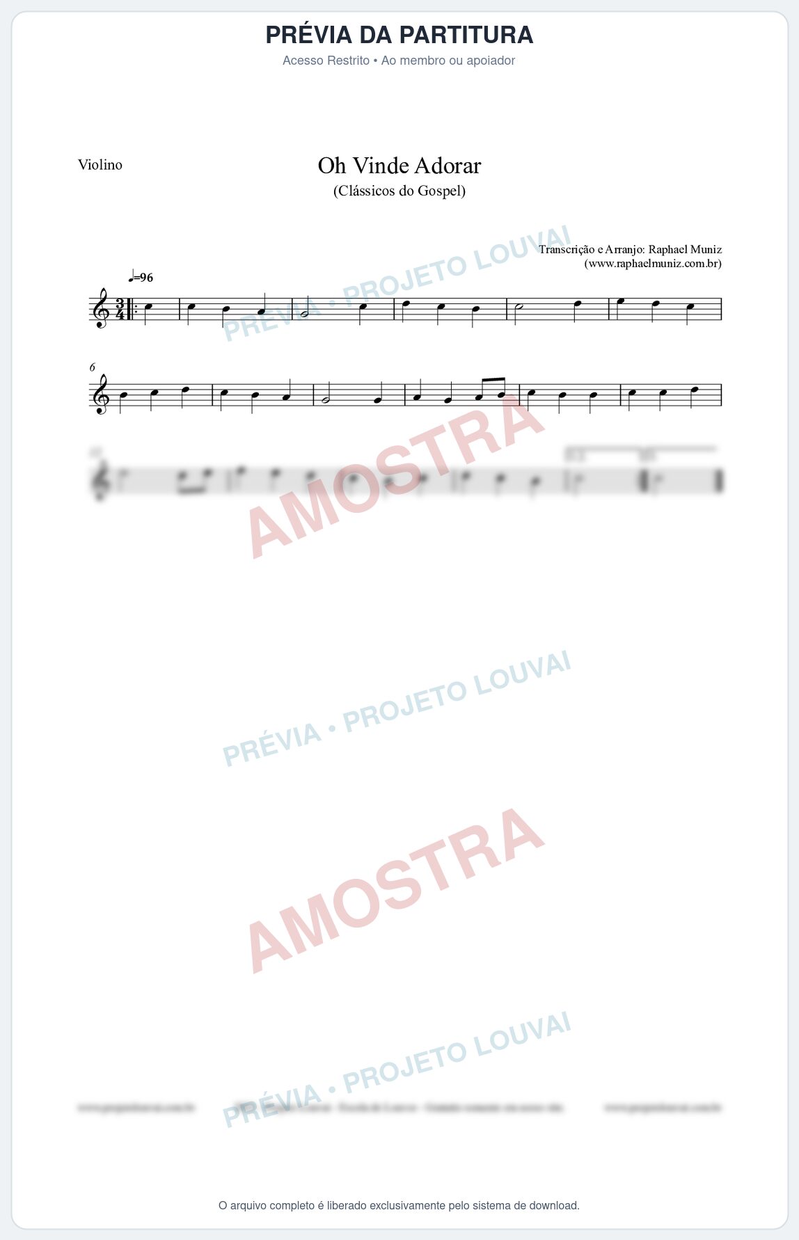 Prévia protegida da primeira página da partitura Partitura para Violino - Oh Vinde Adorar - HCC nº1 - Clássicos do Gospel