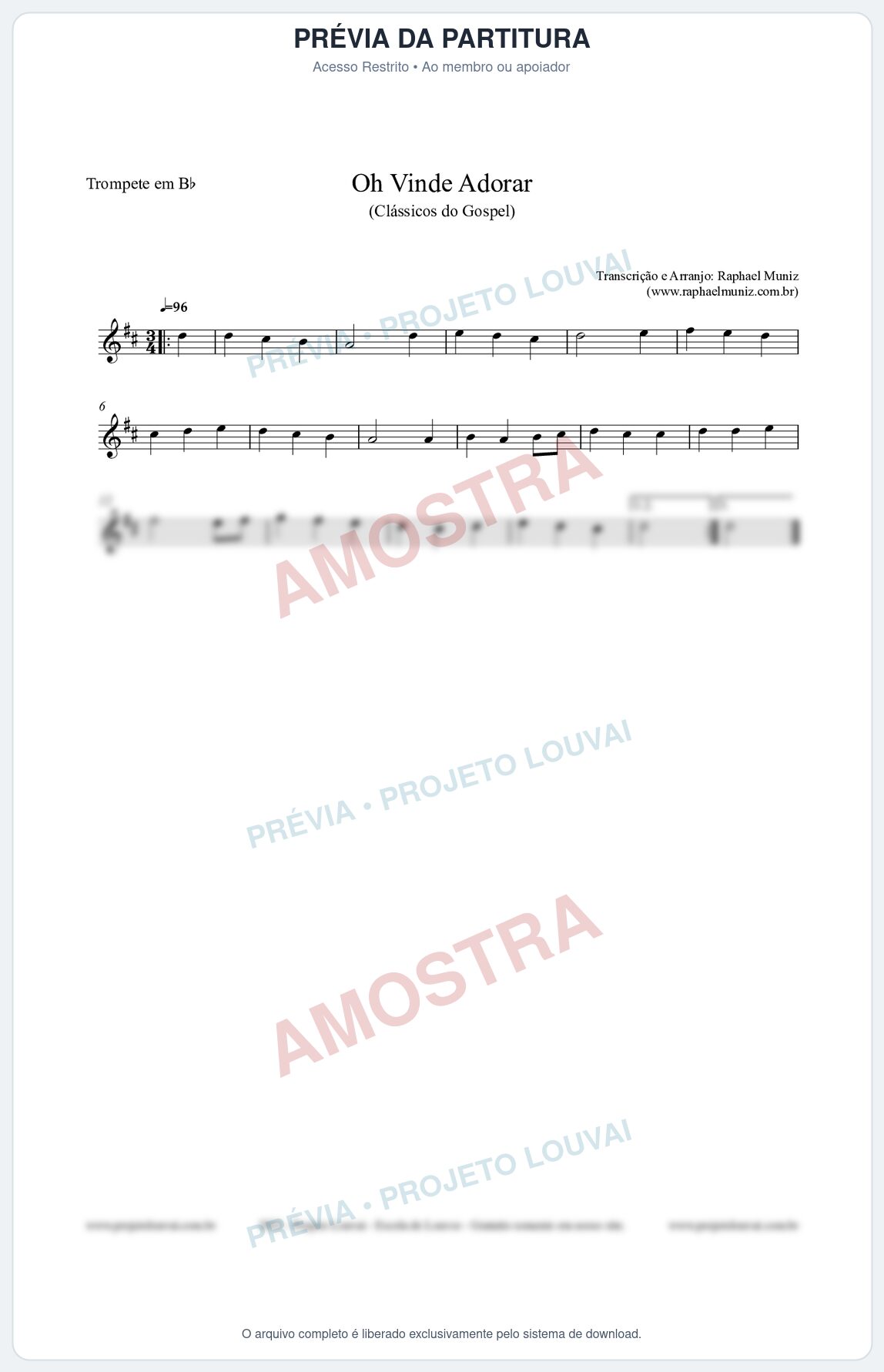 Prévia protegida da primeira página da partitura Partitura para Trompete em Bb - Oh Vinde Adorar - HCC nº1 - Clássicos do Gospel