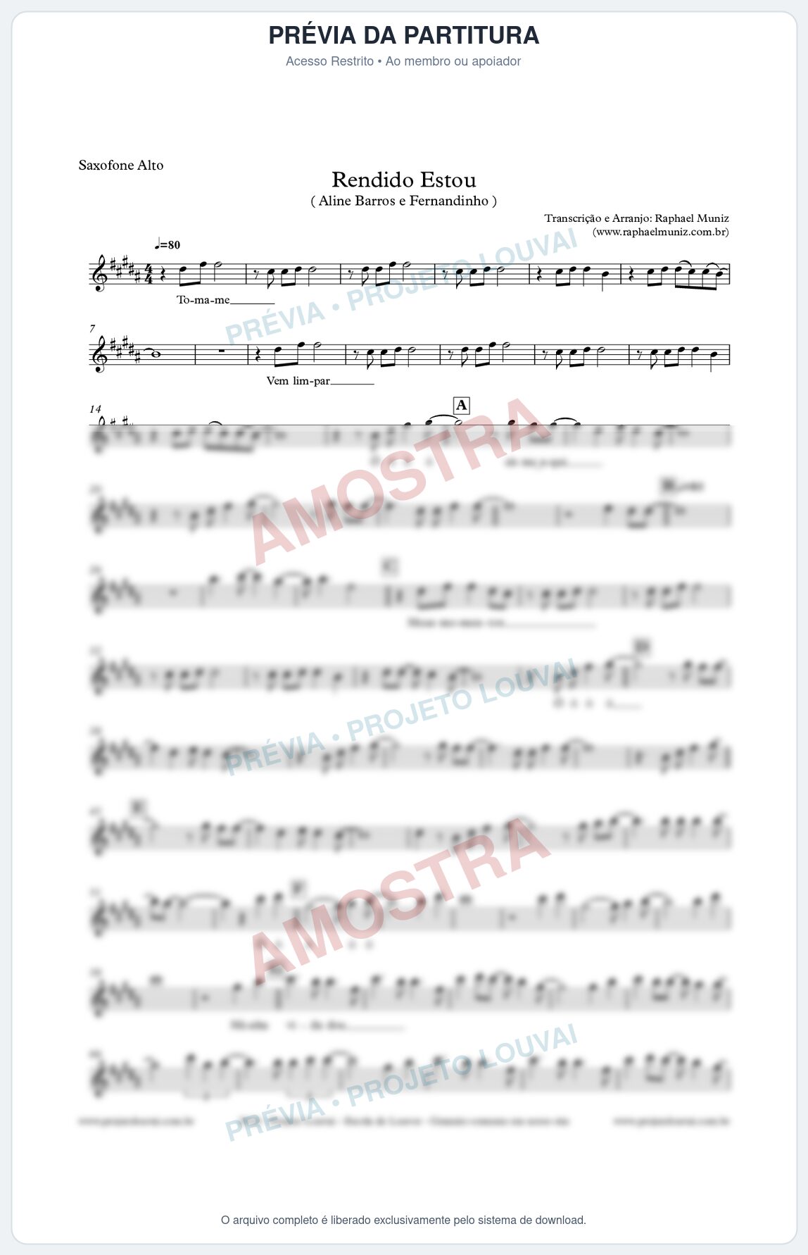 Prévia protegida da primeira página da partitura Partitura para Sax Alto - Rendido Estou - Aline Barros e Fernandinho