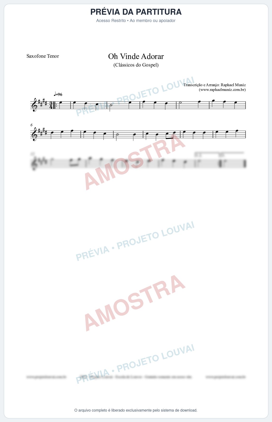 Prévia protegida da primeira página da partitura Partitura para Saxofone Tenor - Oh Vinde Adorar - HCC nº1 - Clássicos do Gospel