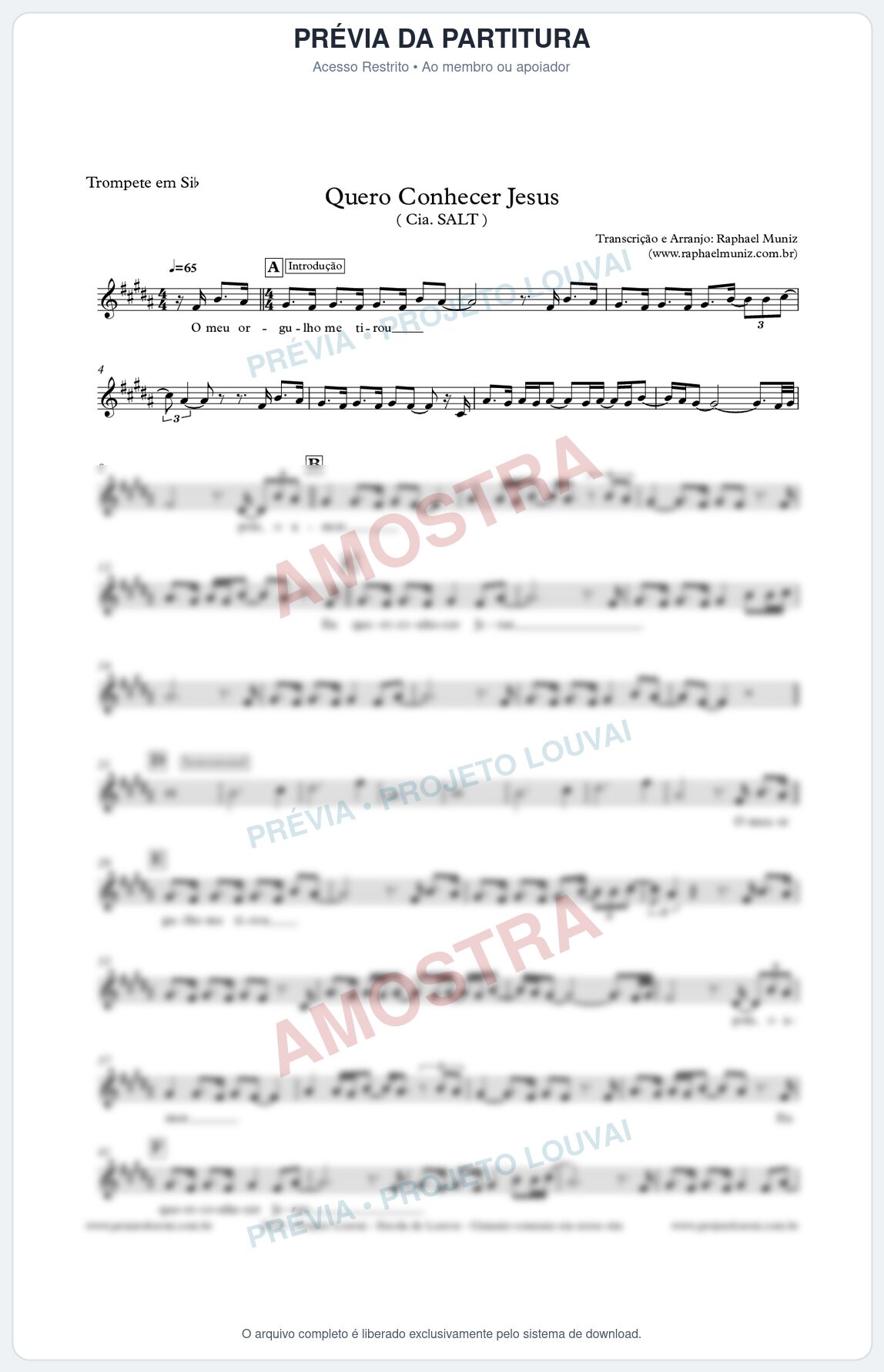 Prévia protegida da primeira página da partitura Partitura para Trompete - Quero Conhecer Jesus - Cia. SALT