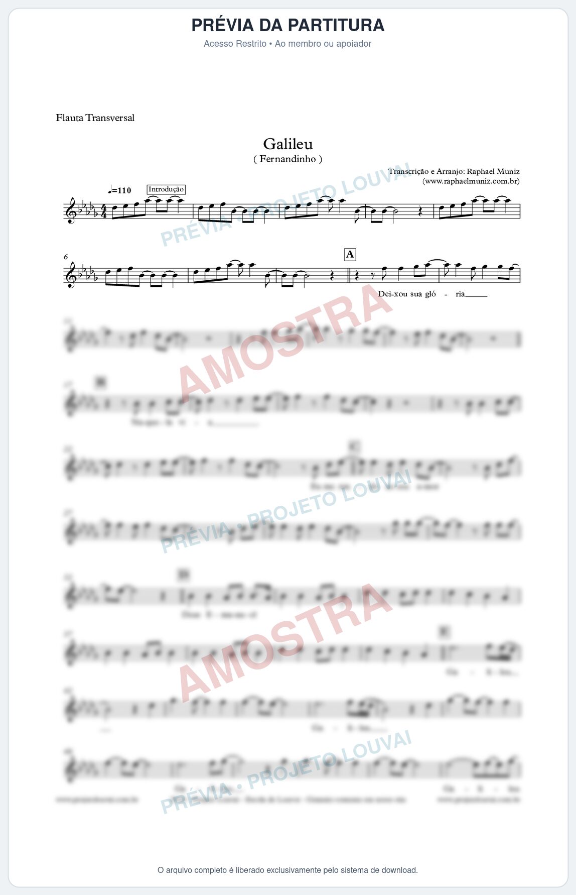 Prévia protegida da primeira página da partitura Partitura para Flauta Transversal - Galileu - Fernandinho