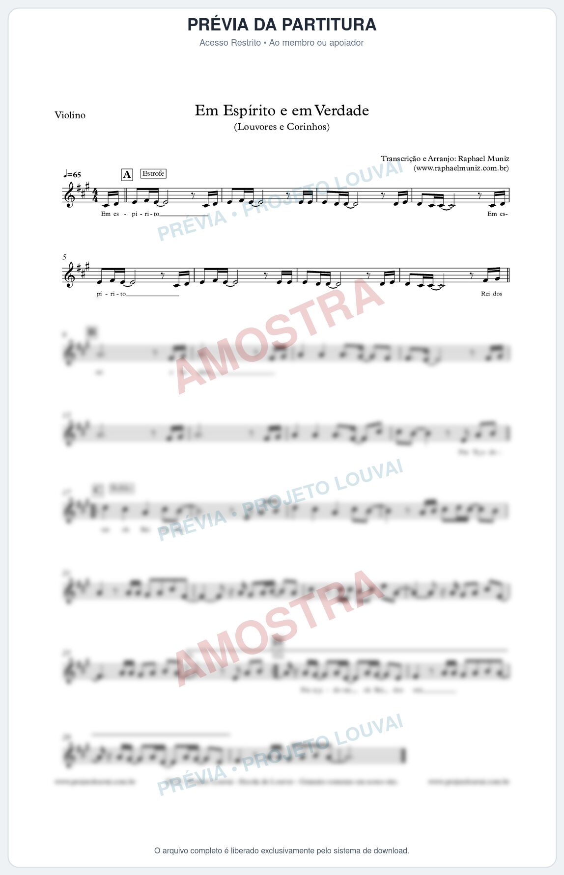 Prévia protegida da primeira página da partitura Partitura para Violino - Em Espírito e em Verdade - Louvores e Corinhos Gospel