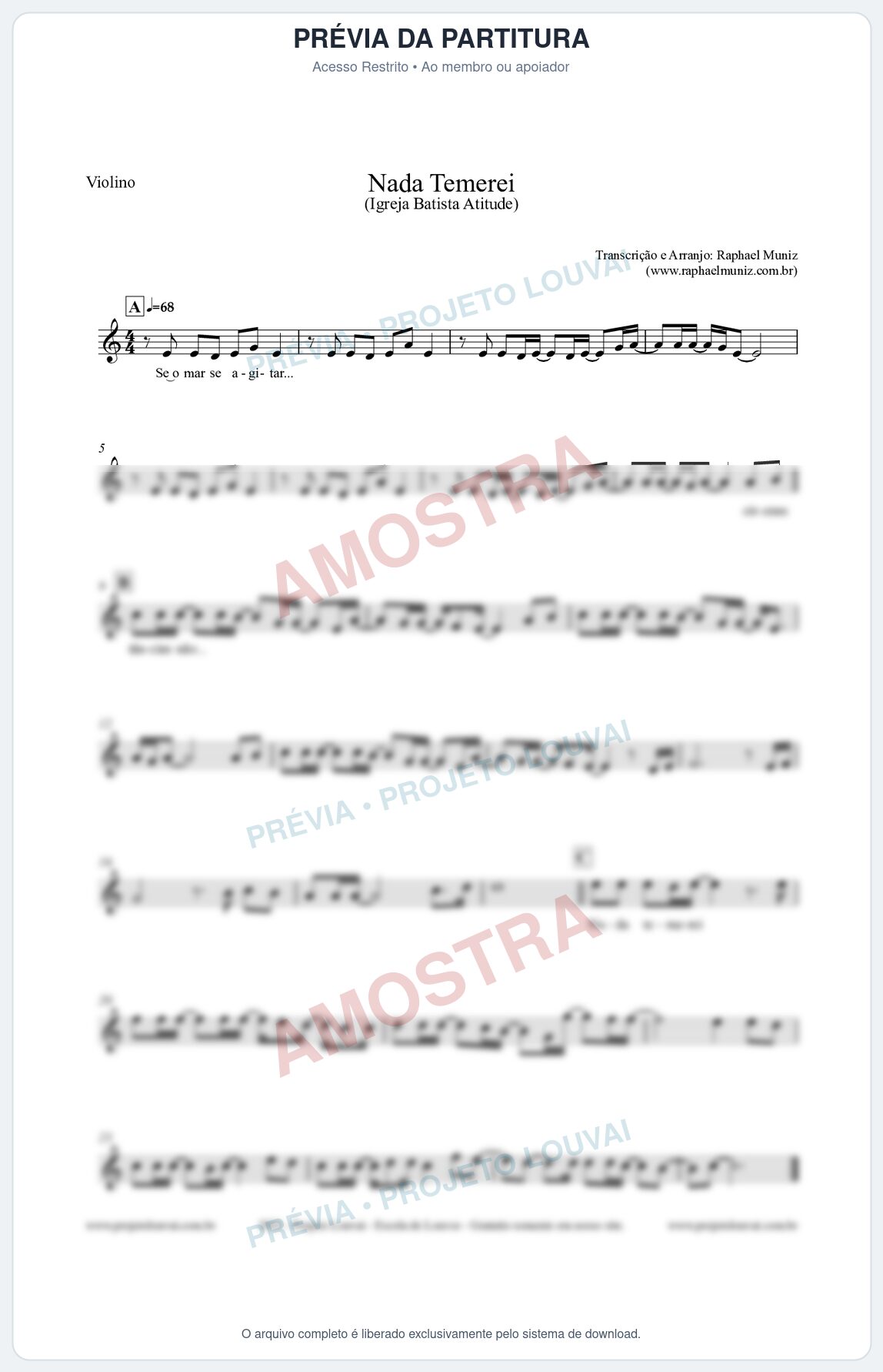 Prévia protegida da primeira página da partitura Partitura para Violino - Nada Temerei - Igreja Batista Atitude