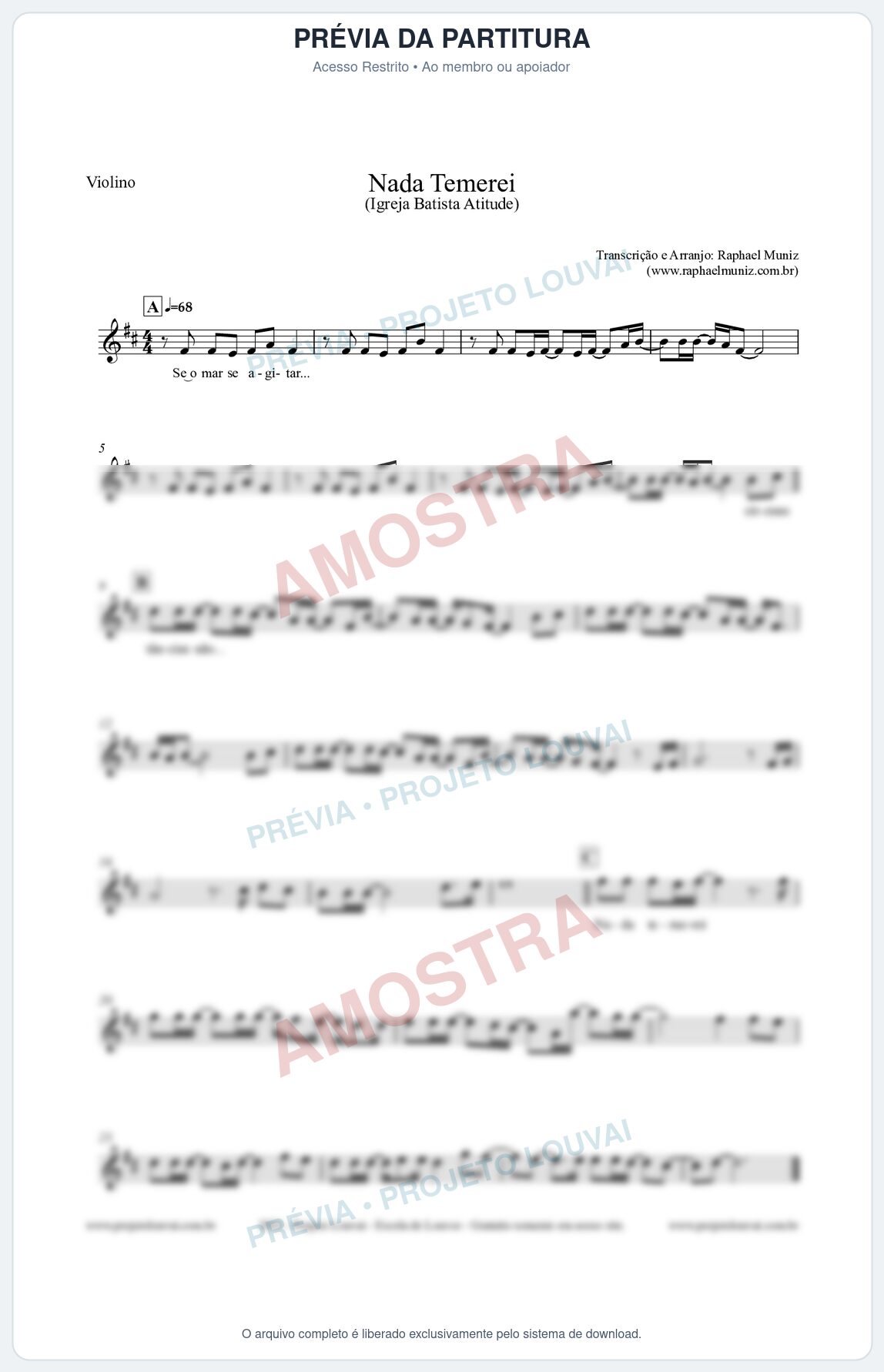 Prévia protegida da primeira página da partitura Partitura para Violino - Nada Temerei - Igreja Batista Atitude