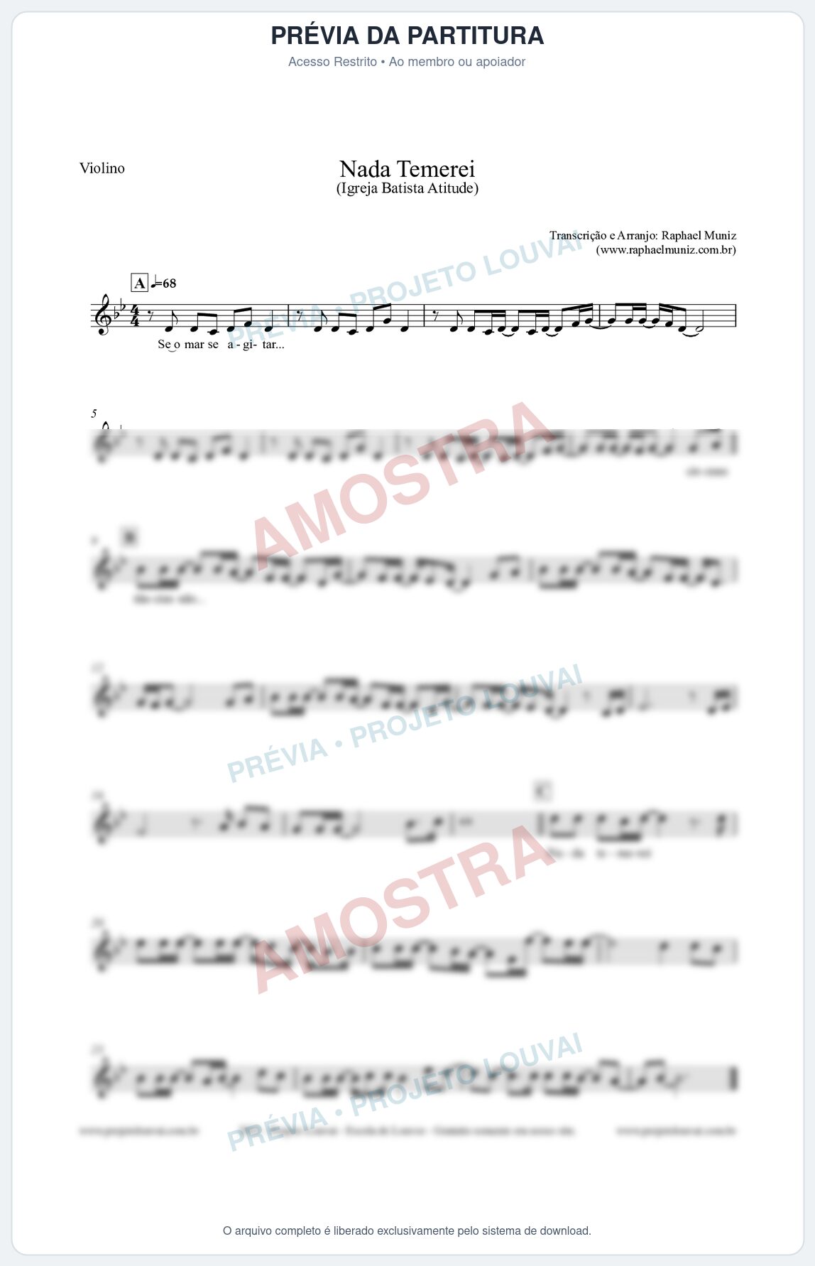Prévia protegida da primeira página da partitura Partitura para Violino - Nada Temerei - Igreja Batista Atitude